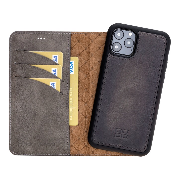Калъф Bouletta Magic Wallet, За iPhone 11 Pro, Естествена кожа, 2 в 1 Тип портфейл, Заден капак, Сив
