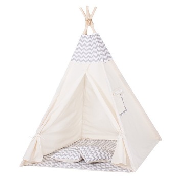 Cort de joaca pentru copii Teepee Tent ZigZag Grey, include saltelta si perne Cort de joaca pentru copii Teepee Tent ZigZag Grey, include saltelta si perne