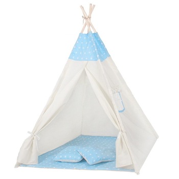 Cort copii stil indian Teepee Springos Blue Stars, XXL , albastru, include saltea si perne Cort copii stil indian Teepee Springos Blue Stars, XXL , albastru, include saltea si perne