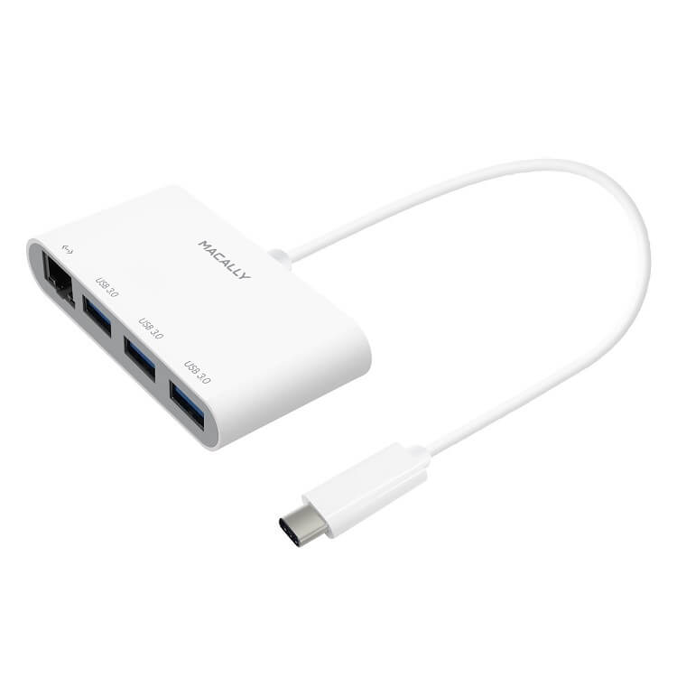 Hub USB cu 3 porturi USB si port Ethernet pentru dispozitive USB-C, Macally 3.1, alb