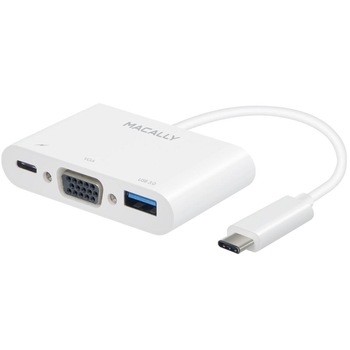 Adaptor USB-C cu porturi VGA, USB-C si USB-A 3.0, Macally Multiport, (alb) Adaptor USB-C cu porturi VGA, USB-C si USB-A 3.0, Macally Multiport, (alb)