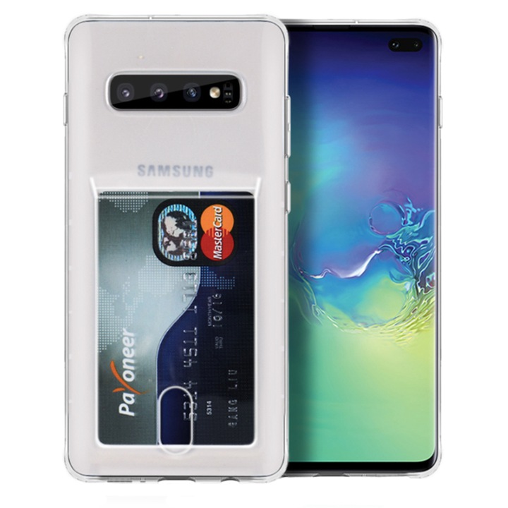 Husa Card Holder, Shockproof, Silicon High Tech, Compatibil cu Samsung Galaxy S10 Plus, Crystal Clear