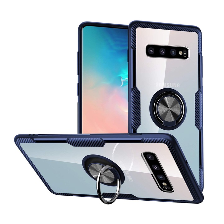 Samsung Galaxy S10E tok, Hybrid Anti-Shock, tok 360 fokban forgatható gyűrűvel és kitámasztóval, kék