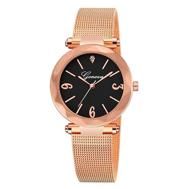 Ceas Geneva Dama Quartz Casual Elegant Rose/negru, PN999514RNU, curea din metal (mesh), afisaj Analog
