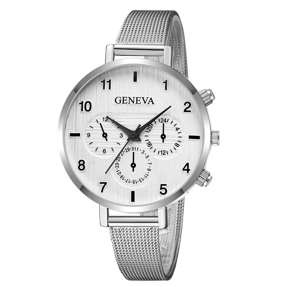 Ceas Geneva Dama Quartz Casual Elegant Argintiu/alb, PN999393SAB, curea din metal (mesh), afisaj Analog