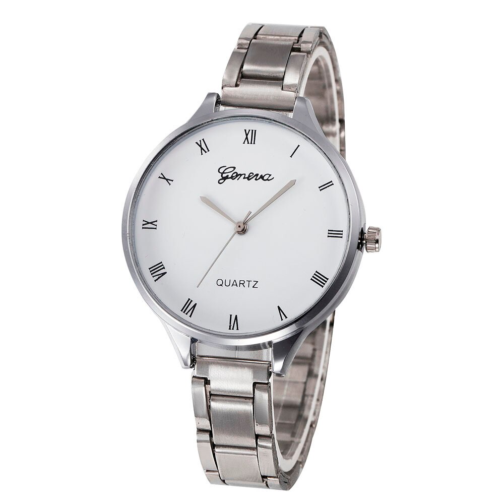 Ceas Geneva Dama Quartz Casual Elegant Argintiu/alb, PN999965SAB, curea din metal (zale), afisaj Analog