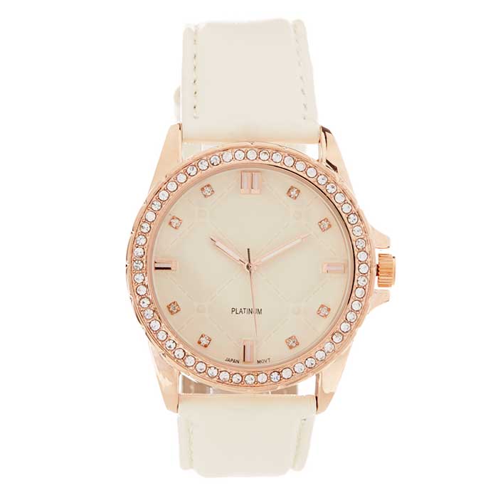 Ceas Geneva Dama Quartz Casual Elegant Alb, PN999760AB, curea din piele, afisaj Analog
