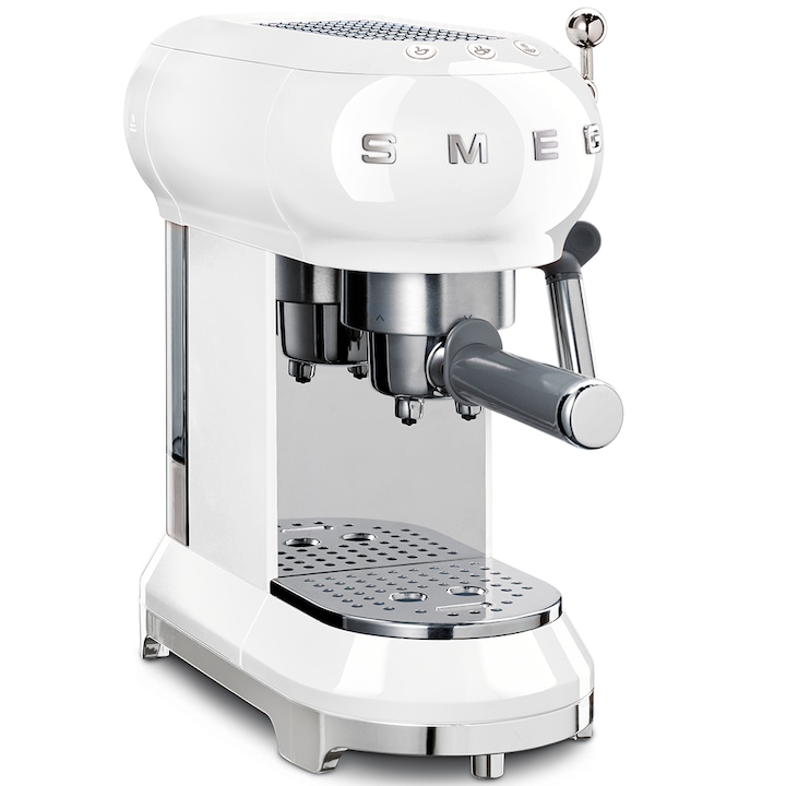 SMEG ECF01WHEU eszpresszó kávéfőző, 50-es évek retro design, 1 vagy 2 csésze, filteres lehetőség, őrölt kávéval használható, fehér