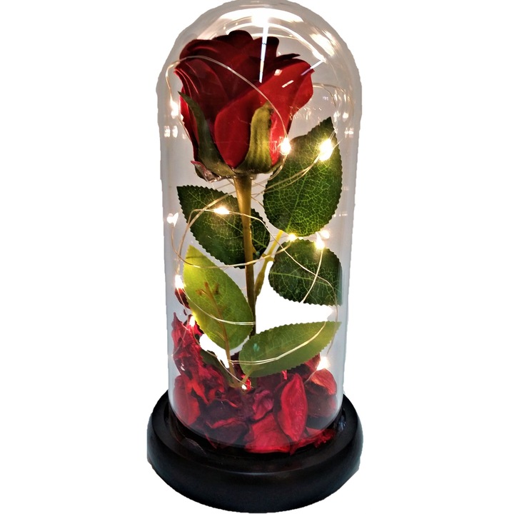 Urban Trends Rose Amor vörös kriogén rózsa, 25 cm-es üvegkupola, LED világítás, szirmok az alján, ezüst medál