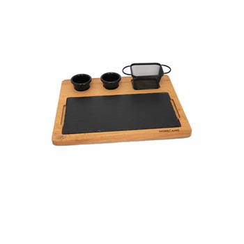 Set 5 piese servire RAKI platou lemn 38x32cm, platou ardezie 1/3 , 2 boluri sosuri cu cos servire cartofi Set 5 piese servire RAKI platou lemn 38x32cm, platou ardezie 1/3 , 2 boluri sosuri cu cos servire cartofi