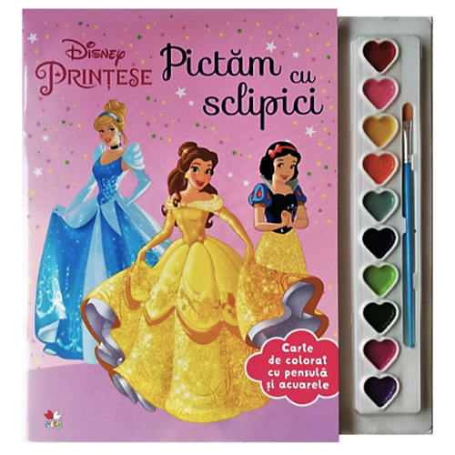 Disney. Printese. Pictam cu Sclipici. Carte de colorat cu pensula si acuarele