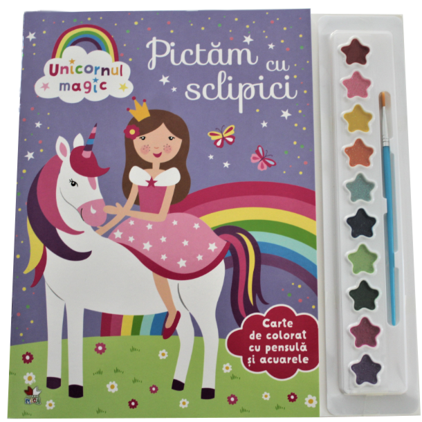Unicornul Magic. Pictam cu sclipici. Carte de colorat cu pensula si acuarele