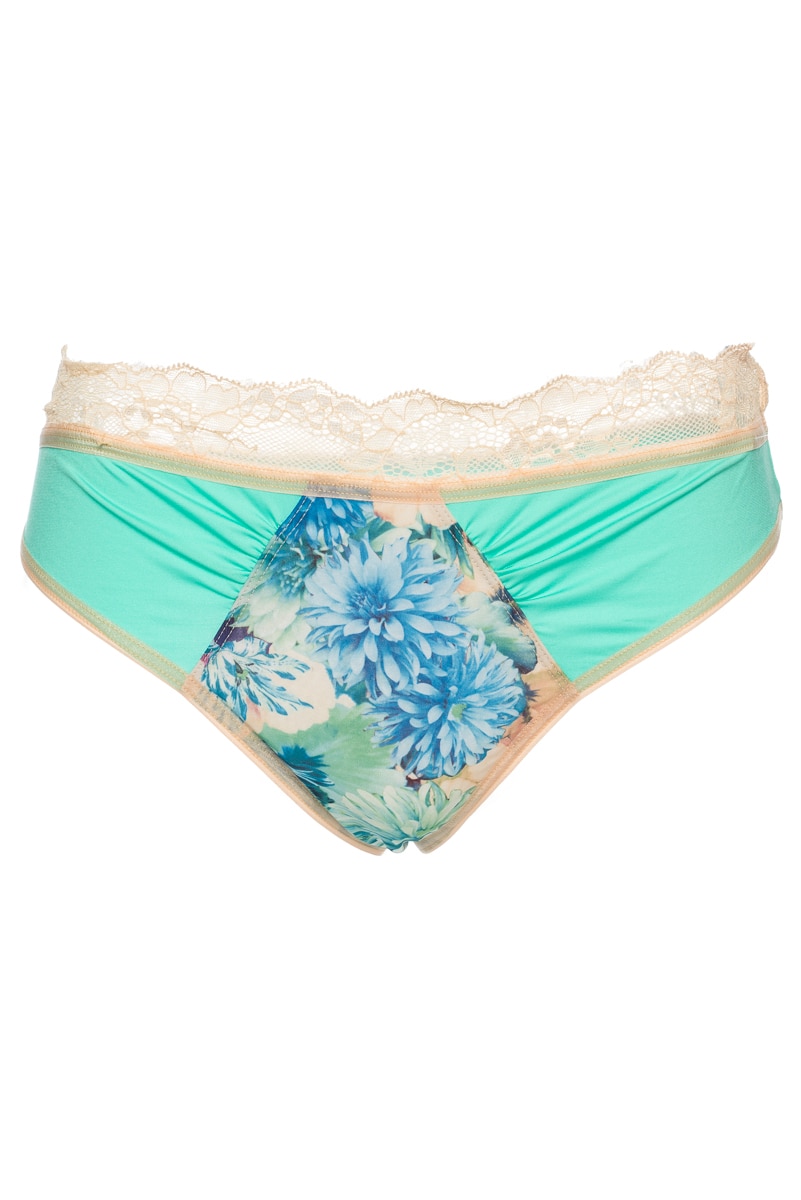 Chilot tanga din microfibra cu dantela, Bon-Bon Flower Power, Model de lux, Turcoaz