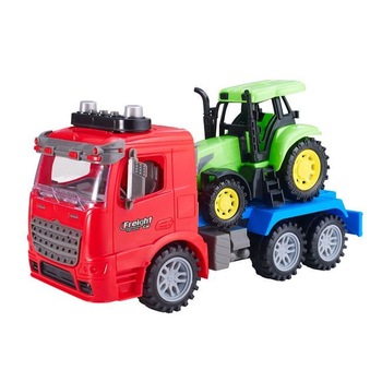 Camion tip Tir rosu cu platforma pentru tractor agricol verde Camion tip Tir rosu cu platforma pentru tractor agricol verde