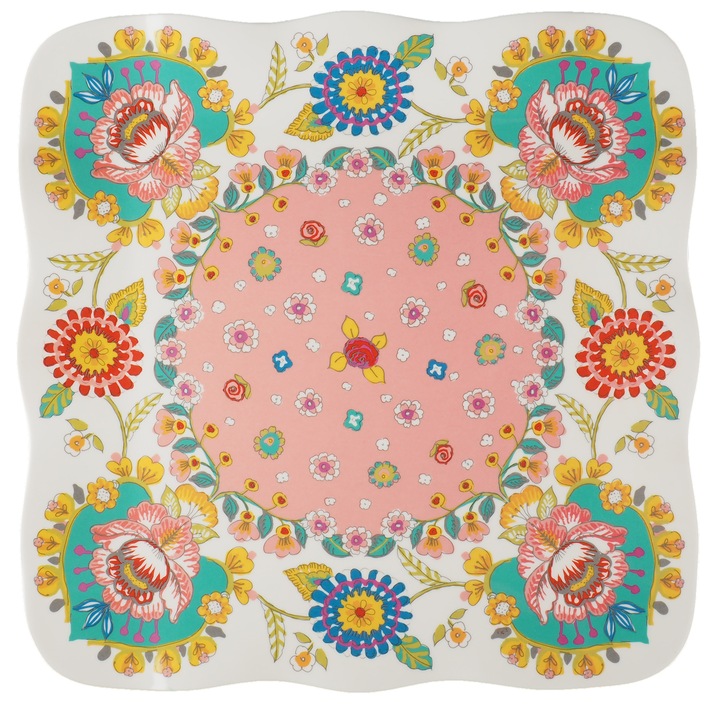 Farfurie patrata model floral, bej, 26 cm