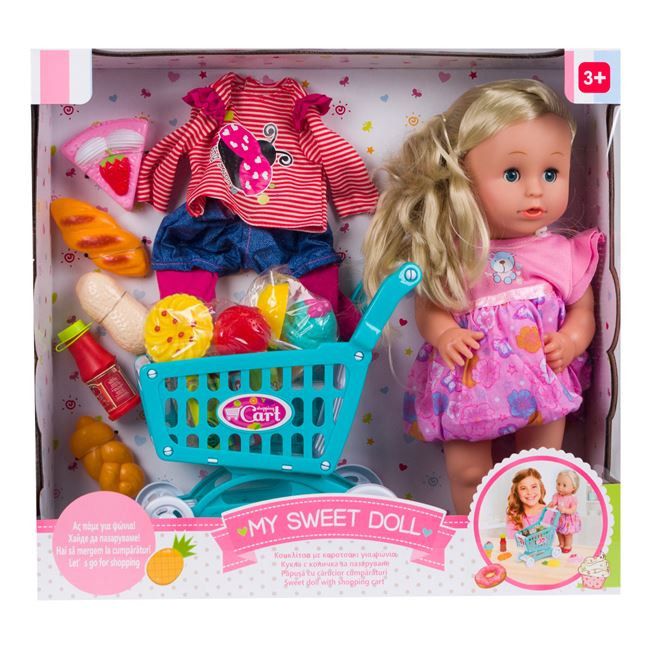 Set Papusa la supermarket cu carut si mancare si haine pentru papusi,ATS,42 cm papusa, pentru copii,Lungime ambalare,47x13.5x44 cm