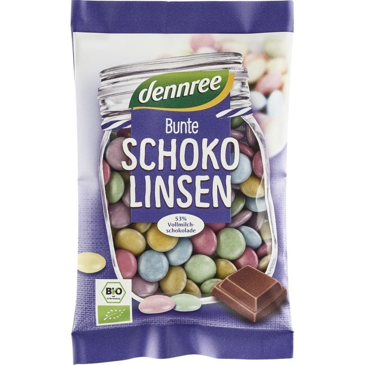 Bomboane colorate cu ciocolata de lapte bio, 100g, Dennree