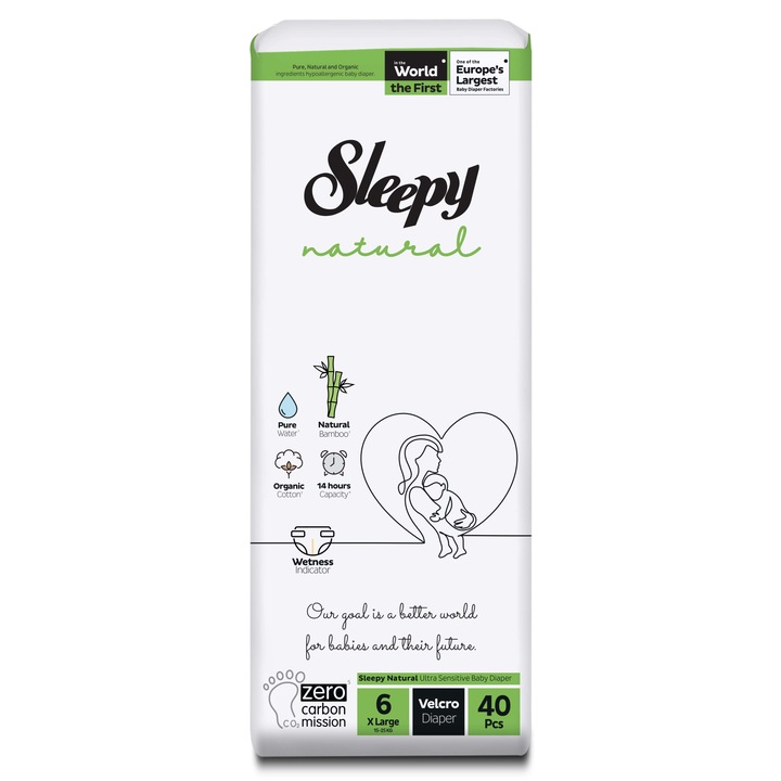 Scutece Sleepy Natural Ultra Sensitive Double Marime 6 XLarge, 15-25kg, 40 bucati
