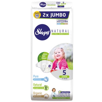Scutece Sleepy Natural Ultra Sensitive Double Marime 5 junior, 11-18kg, 48 bucati Scutece Sleepy Natural Ultra Sensitive Double Marime 5 junior, 11-18kg, 48 bucati