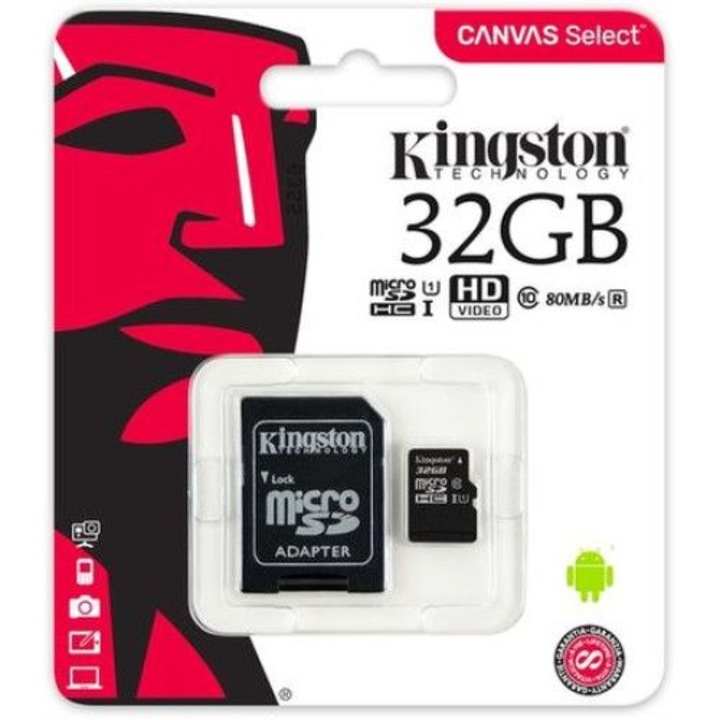 Карта памет Kingston 32GB microSDHC Canvas Select Class 10 UHS-I 80MB/s Read Card + SD Адаптер