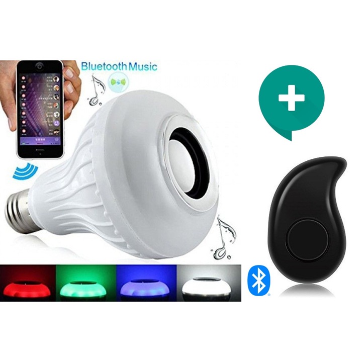 Комплект - Диско крушка RGB, с Bluetooth и Колонка, E27, 50 W + Мини хендсфри слушалка S530 Черна