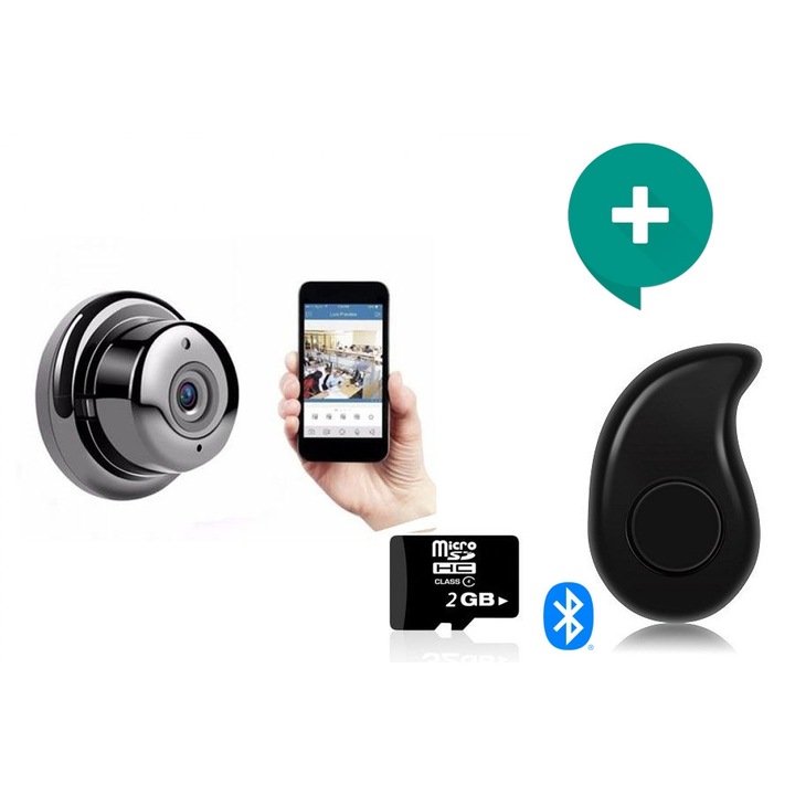 Комплект - Комплект Мини Панорамна Камера - WiFi Caera V380, Черна + SD карта 2 GB Kingston + Мини хендсфри слушалка S530 Черна