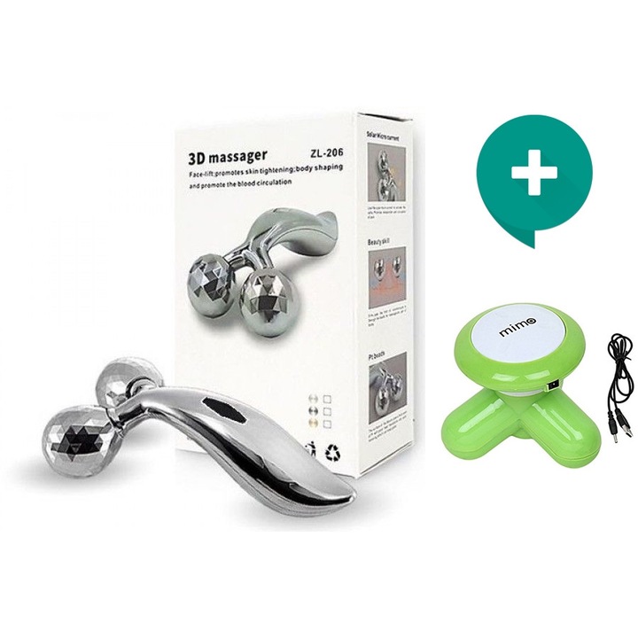 Комплект - Ръчен масажор за лице 2881, Сребрист + Мини масажор Mimo с адаптер