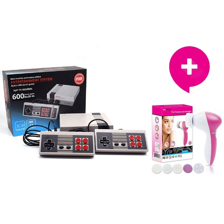 Комплект - Ретро видео игра с 2 джойстика с 600 класически игри, Entertainment system , Сива + 5в1 Мини масажор с 5 приставки