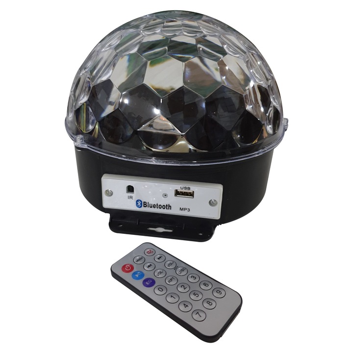 Glob Disco Cu Joc Rotativ De Lumini, Bluetooth, LED RGB, Difuzor, USB, Card, Redare Muzica, Telecomanda, Putere 20 W