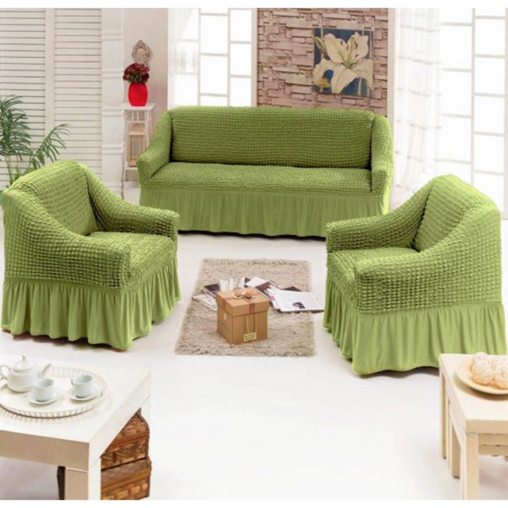 Set 3 huse 311, pentru canapele 3 locuri si 2 fotolii - Model Uni Verde