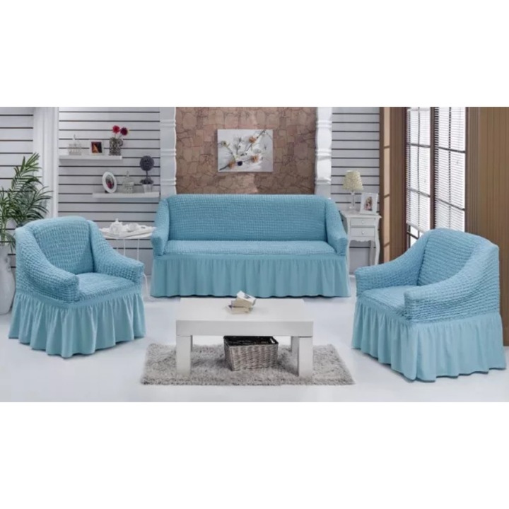 Set 3 huse 311, pentru canapele 3 locuri si 2 fotolii - Model Uni Albastru