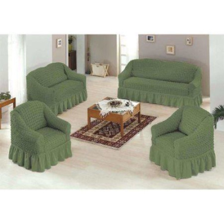 Set huse 4 piese, 3211 - huse canapele 3 locuri si 2 locuri, 2 fotolii - Model Verde