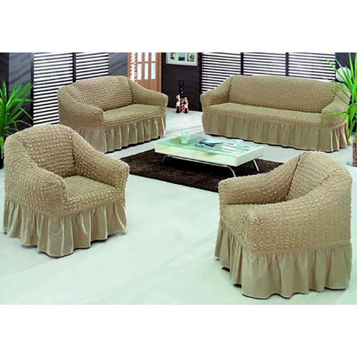Set huse 4 piese, 3211 - huse canapele 3 locuri si 2 locuri, 2 fotolii - Model Uni - Crem