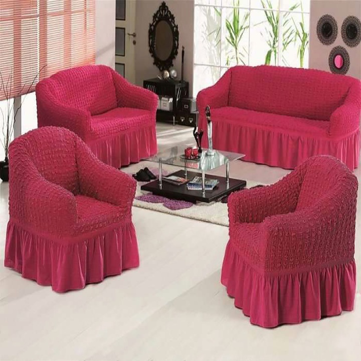 Set huse 4 piese, 3211 - huse canapele 3 locuri si 2 locuri, 2 fotolii - Model Uni Roz Inchis