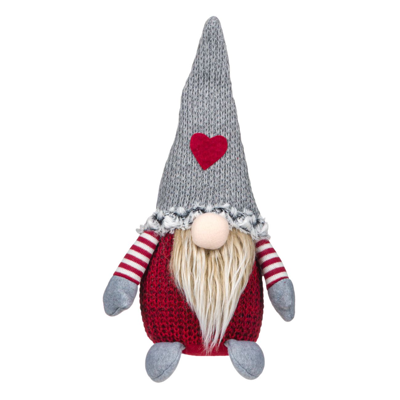 Figurina decorativa, pentru Craciun, Zola, Mos Craciun, gri/rosu, cu palarie tricotata si inimioara, 35 cm