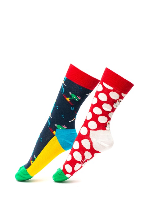 Happy Socks, Set de sosete lungi unisex cu imprimeu grafic - 2 perechi, Rosu/Alb/Bleumarin inchis, 41-46