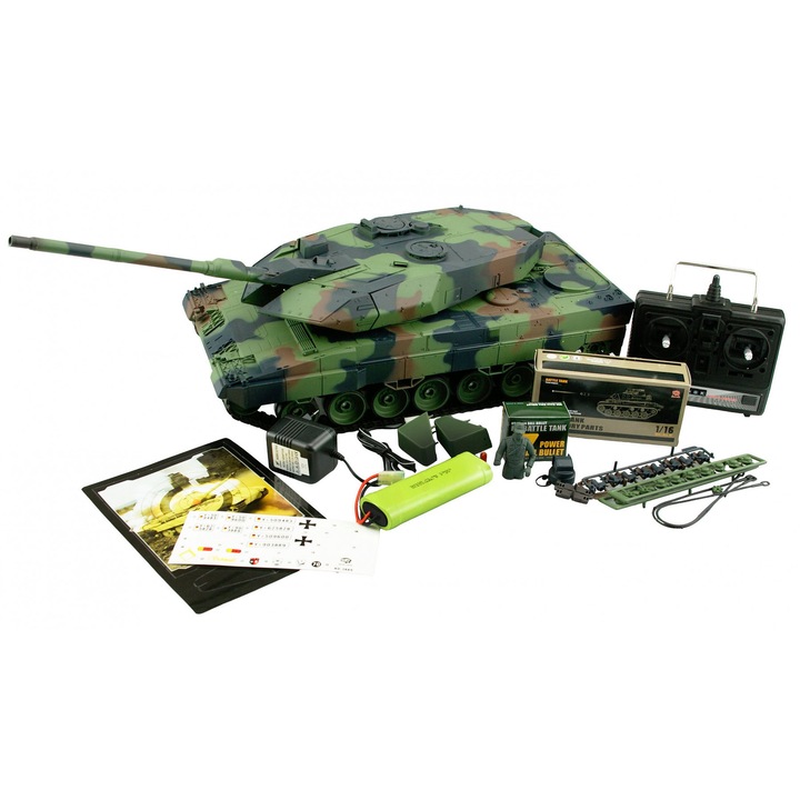 Tanc RC cu telecomanda Leopard 2A6, Lungime 69 cm, Scara 1:16, 2.4Ghz, functie de tragere, sunet, fum si infrarosu, 14+