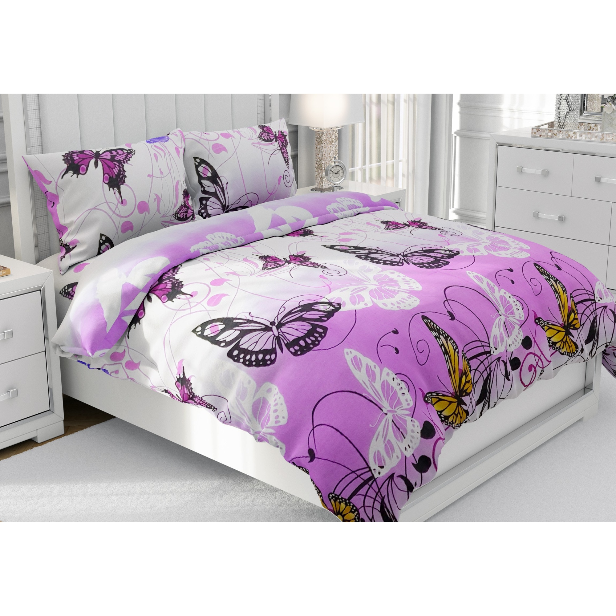 Lenjerie de pat (bumbac 100%) 1 Persoana, 140x220, Alb / Lila, BUTTERFLY 6