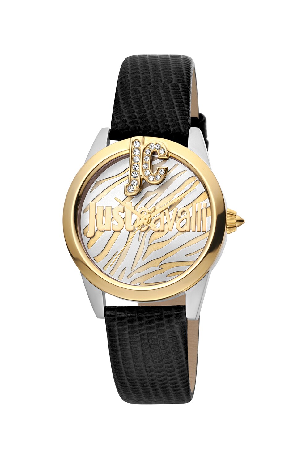 JUST CAVALLI, Ceas analog cu o curea de piele, Negru/Argintiu/Auriu