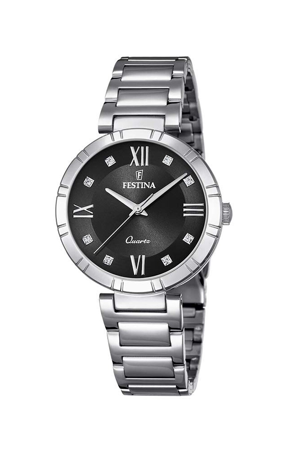 Festina, Ceas din otel inoxidabil decorat cu zirconia, Argintiu inchis/Negru