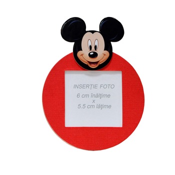 Rama foto rotunda cu suport de masa, produs realizat manual, model Mickey Mouse, culoare rosie Rama foto rotunda cu suport de masa, produs realizat manual, model Mickey Mouse, culoare rosie