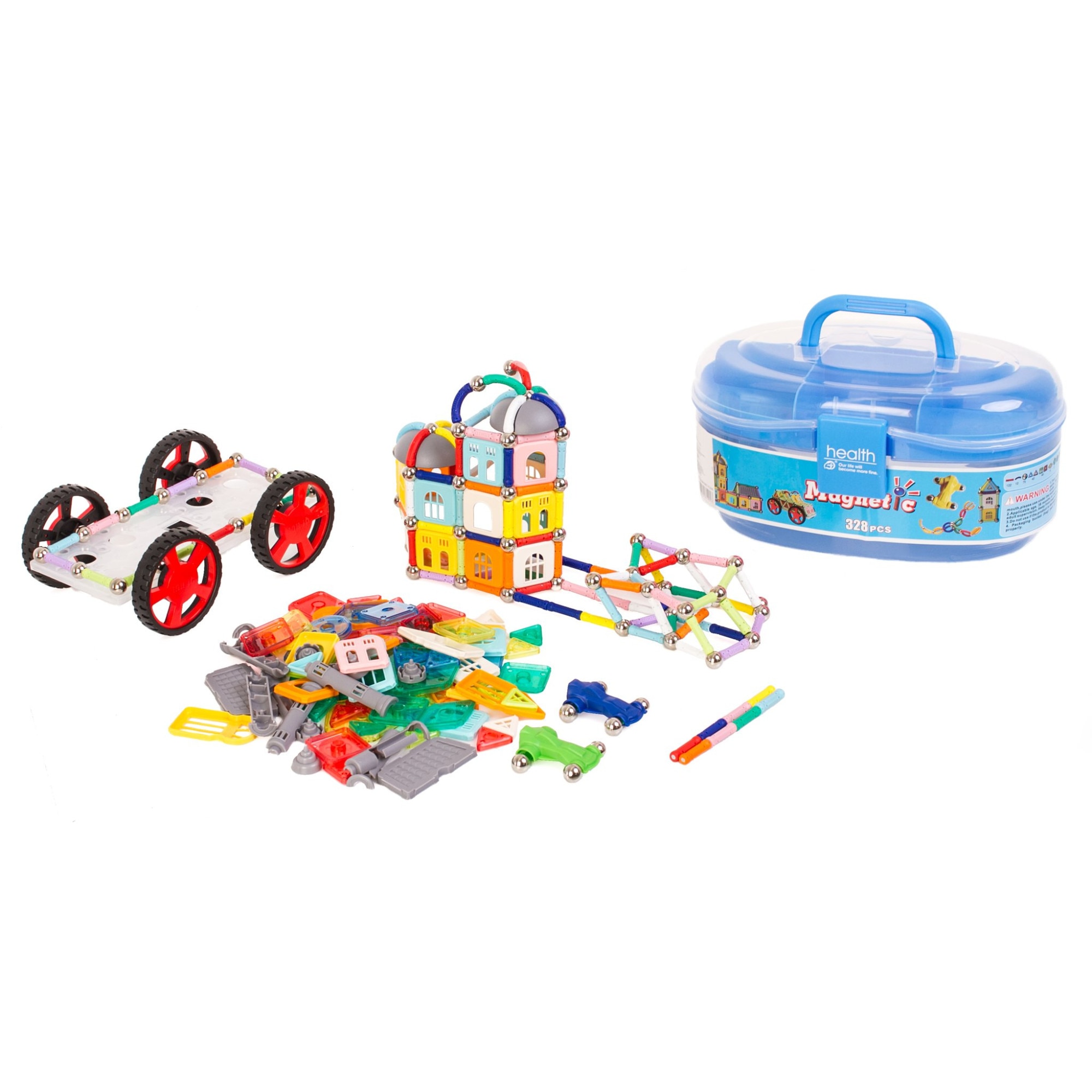 Set de constructie, educativ si creativ, MAGNETIQUE, 328 elemente magnetice, cutie de depozitare, numeroase posibilitati de construire, multicolor
