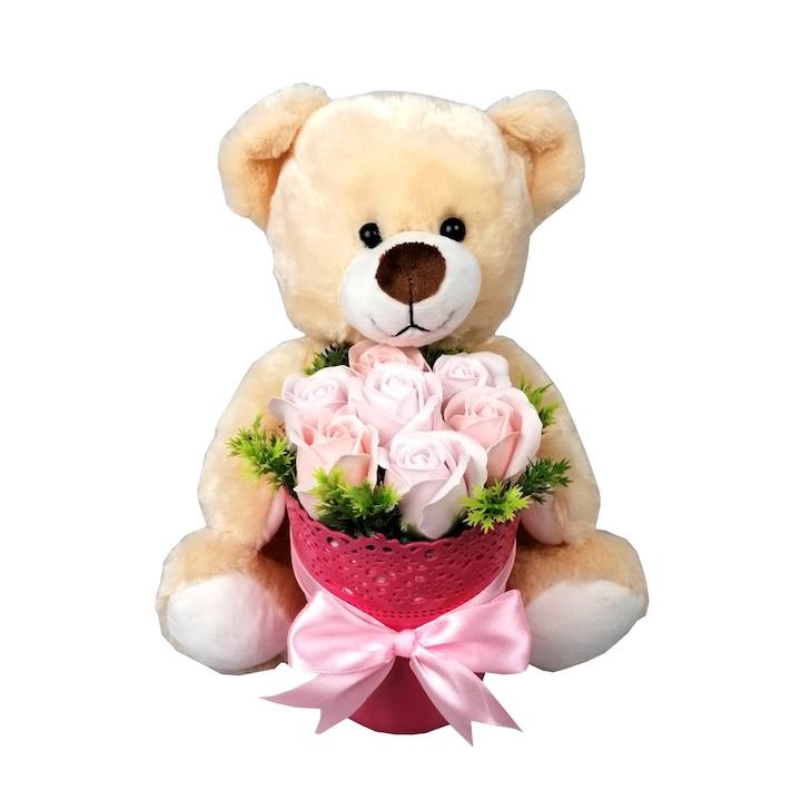 Aranjament trandafiri din sapun cu ursulet de plus, Mira Family Events, Multicolor, 30 cm