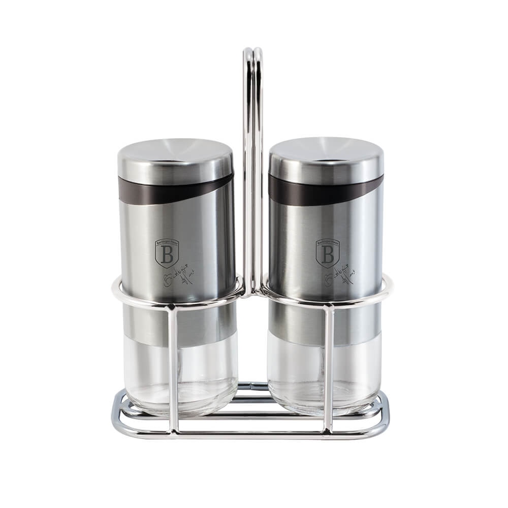 Set 2 recipiente pentru sare si piper 120 ml si suport din otel inoxidabil Spiceholders Berlinger Haus BH 1993