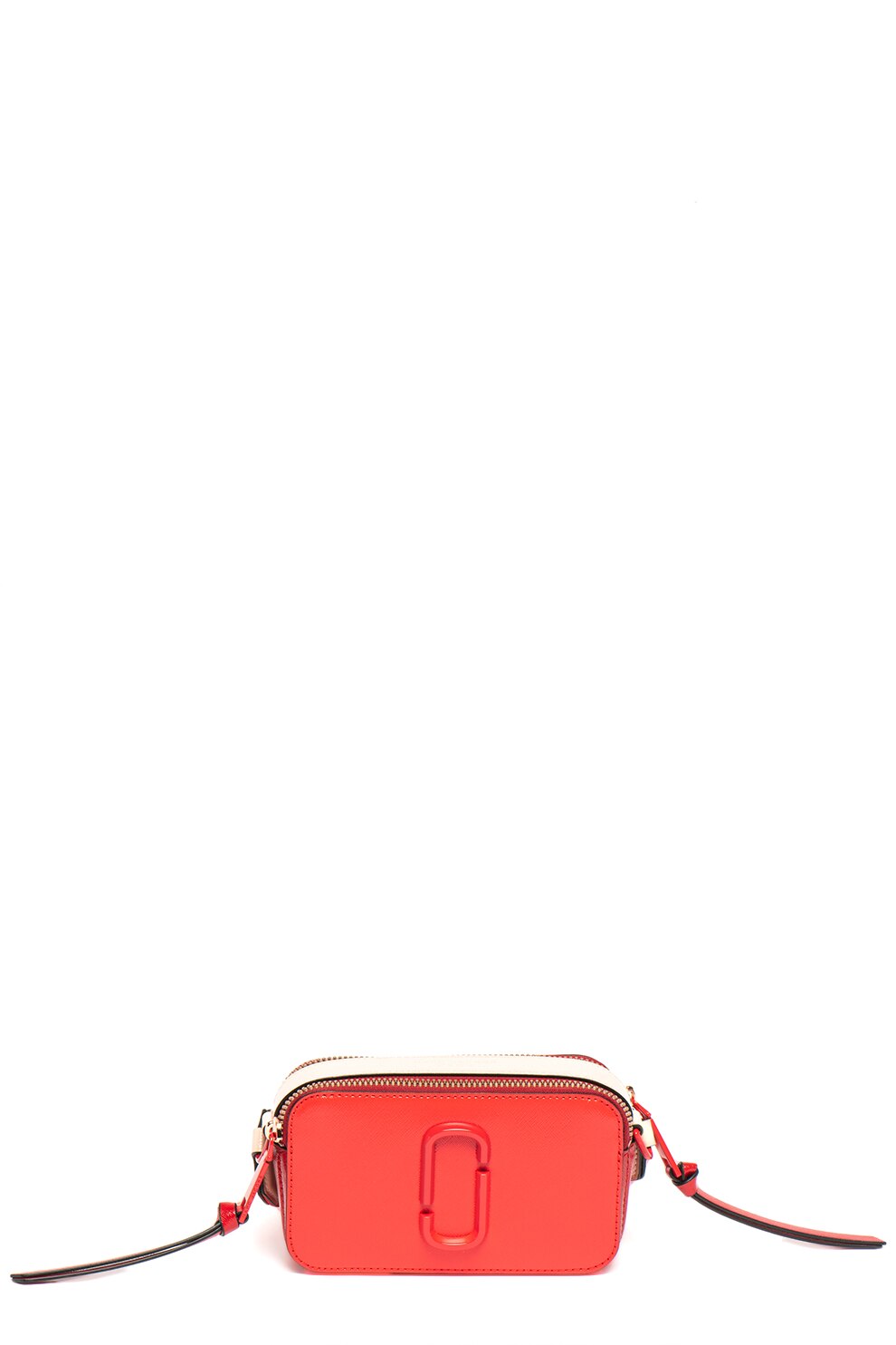 Marc Jacobs, Geanta crossbody de piele peliculizata, cu monograma metalica, Rosu vermilion.Rosu inchis/Roz piersica