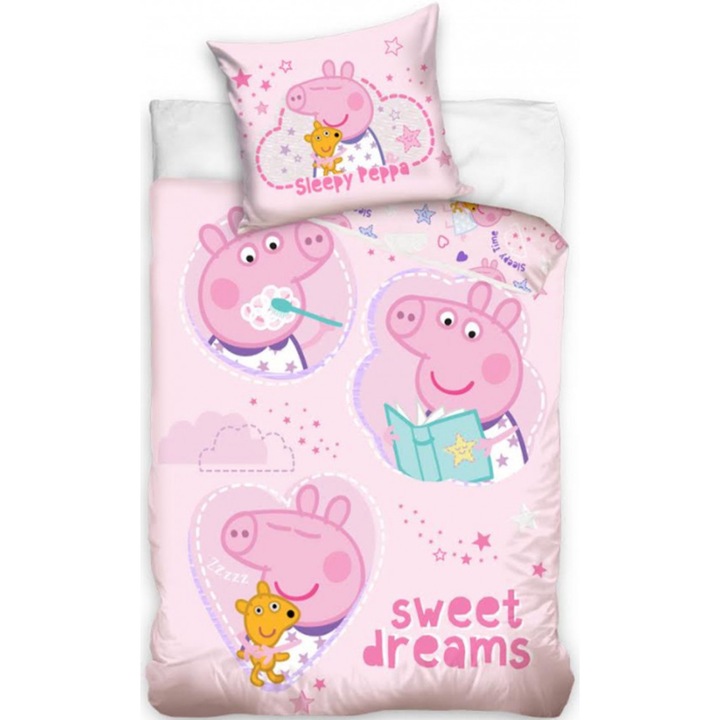 Set lejerie de pat copii, Koorekt, Peppa Pig, 140×200cm, 70×90cm, Multicolor