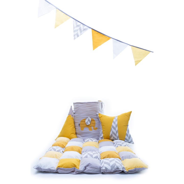 Set covoras de joaca,Cos depozitare jucarii, sirag stegulete, 3 piese, Model Elefantel galben