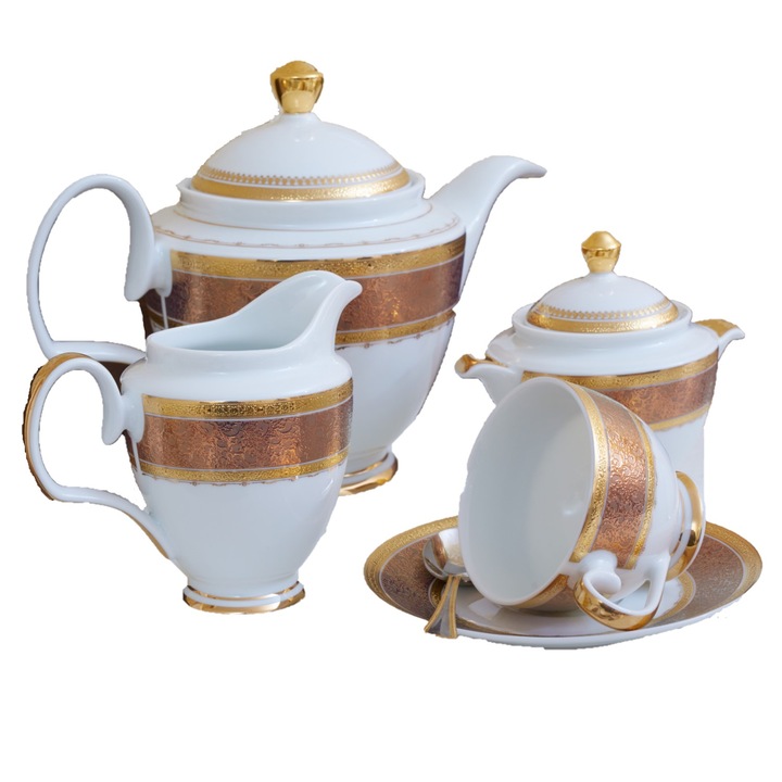 Луксозен Порцеланов Сервиз за хранене Royal Premium Porcelain 24K Gold, Луксозен, Златна баня, 111 части, за 12 човека, Фигурален десен, Бял/Златист