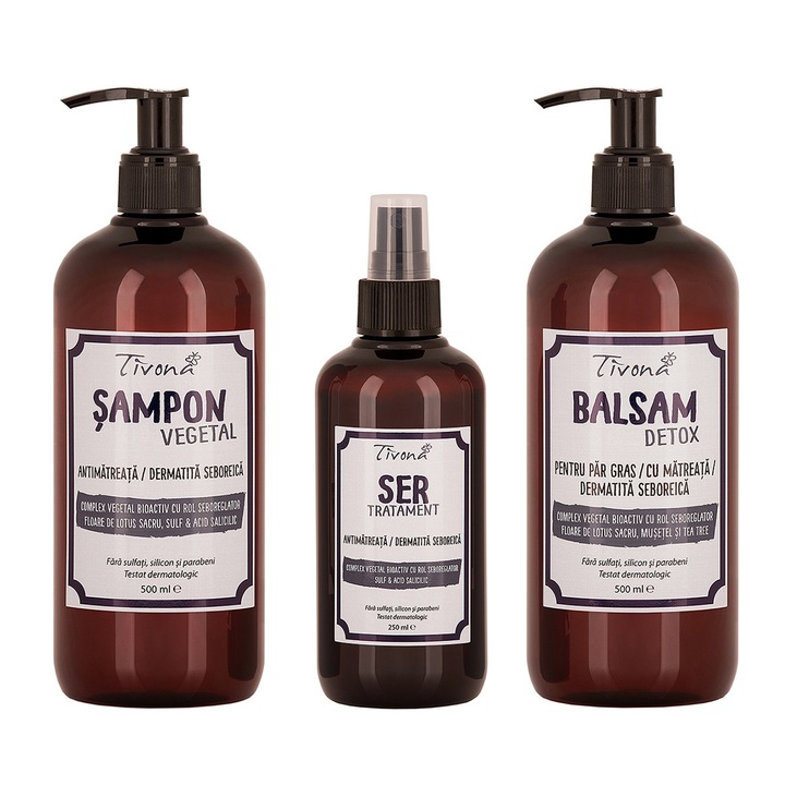 Set vegetal pentru ingrijirea parului gras - antimatreata/dermatita seboreica, fara sulfati, parabeni, silicon, Tivona 500 ml