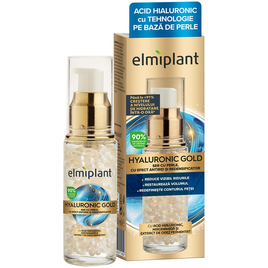 Ser anti-rid cu perle pentru fata, Elmiplant Hyaluronic Gold, 30 ml